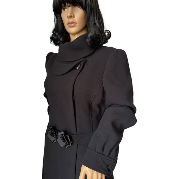 H&M Black dress coat rounded fold over collar with flower belt 12 - Picture 5 of 17